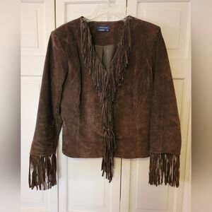 Boston Proper Dark Brown Suede Leather Fringe Jacket Size 12 EUC